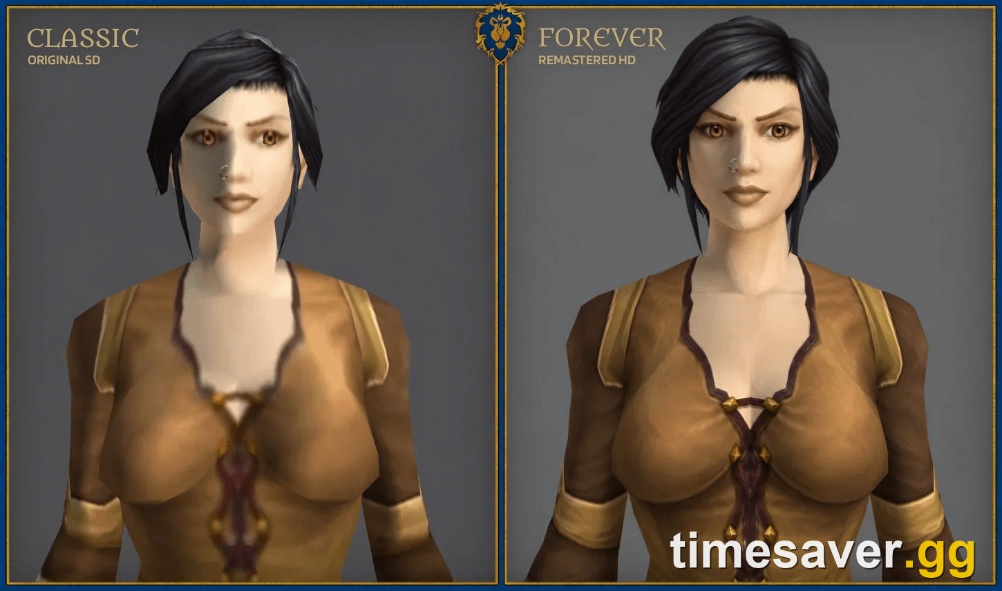 Side-by-side of a Human character in original Standard Definition and remastered High Definition for WoW Forever