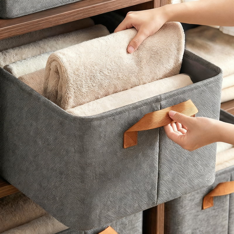 Fabric storage box for clothing, foldable