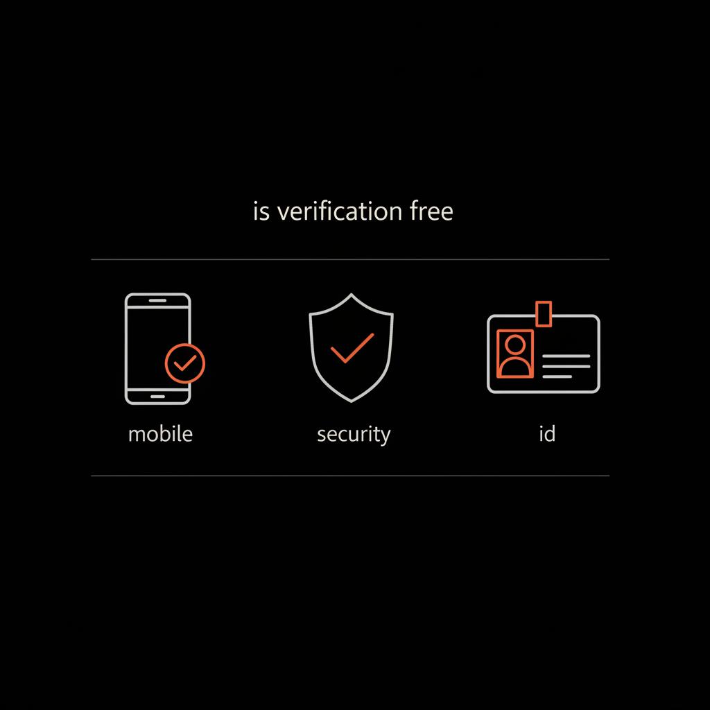 Minimal square infographic with three vector icons (phone, shield, ID) and the headline is verification free on black background using Social Success Hub brand colors