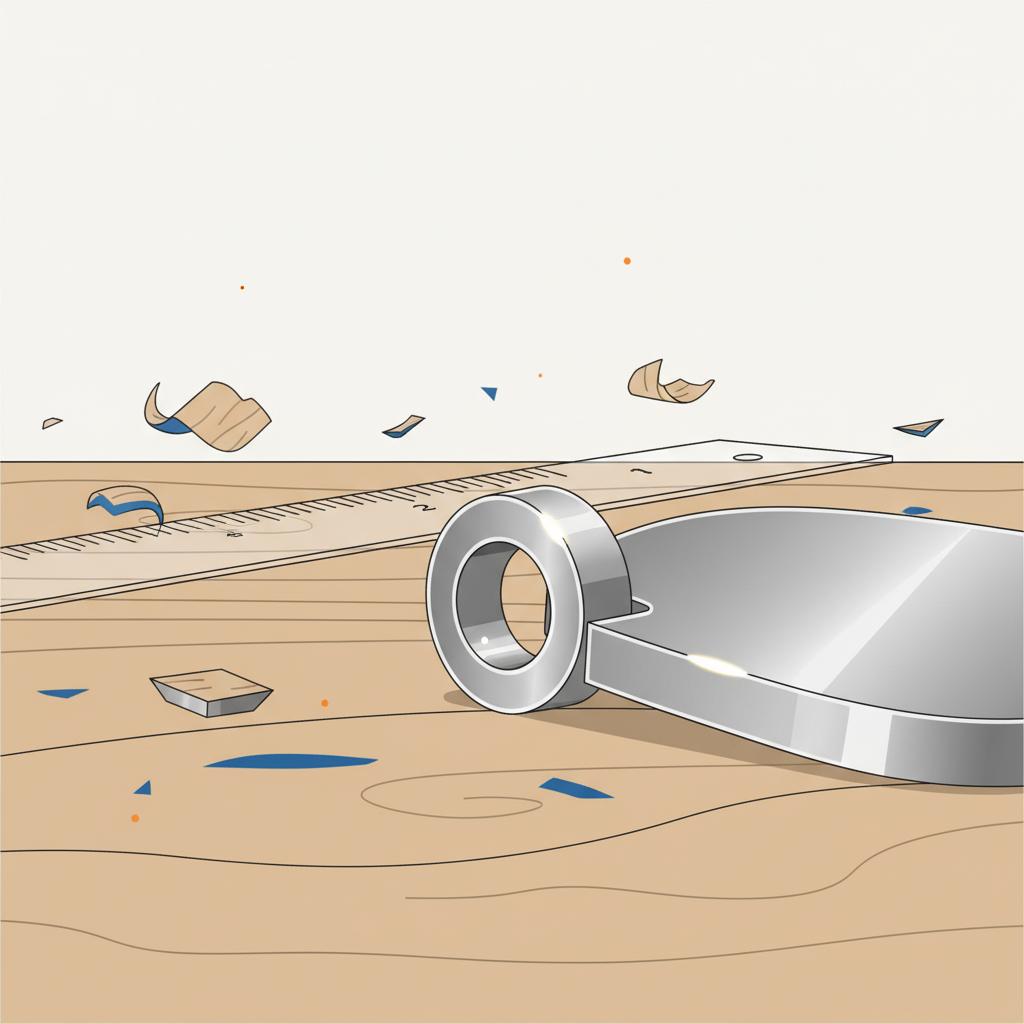Nahaufnahme eines minimalistischen Metallanhängers auf Werkbank mit Holzspänen und Lichtreflexen, ruhige 2D-Vektorästhetik in Marken für Teenager Farbwelt