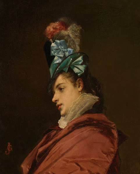 WOMAN WEARING A HAT WITH A BLUE RIBBON C 1875