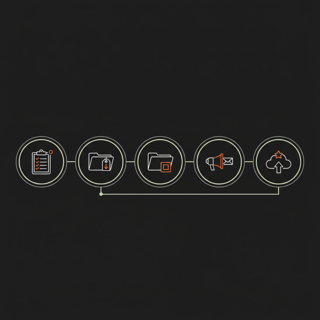 Minimal vector infographic of a five-step removal workflow showing inventory, classify, file, outreach and publish icons on black background, accent highlights — remove negative search results