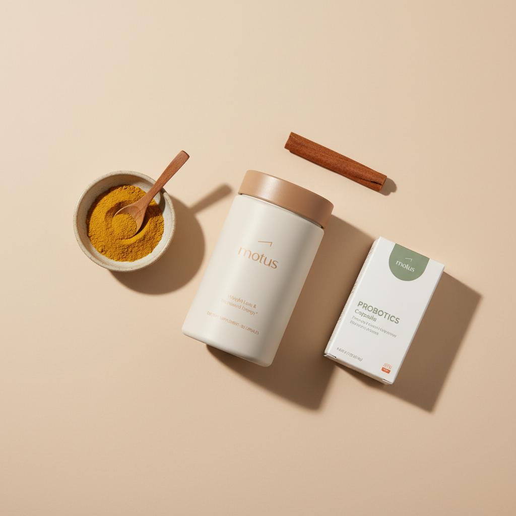 Minimal studio photo of Tonum Motus bottle with a labeled bowl of berberine powder, a Ceylon cinnamon stick and a compact probiotic box on a natural wood surface.