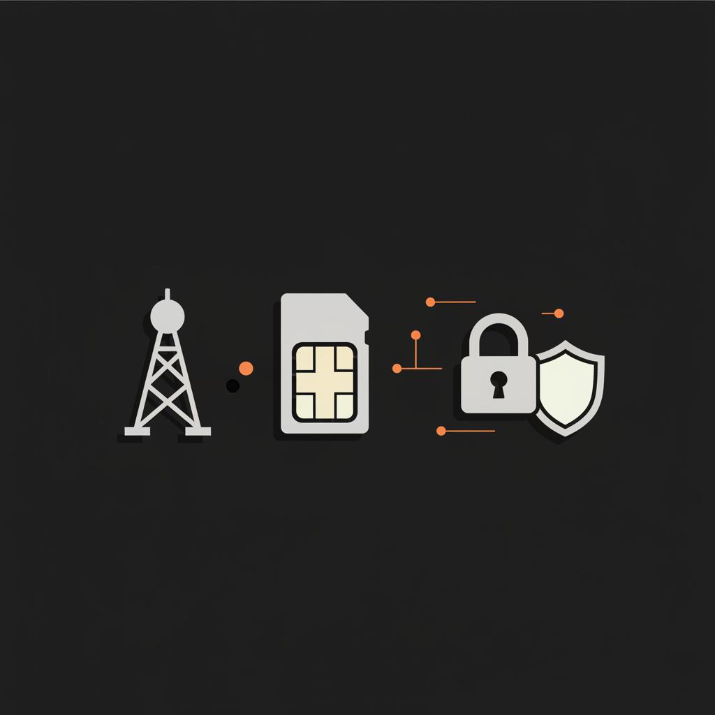 Minimal 2D vector infographic of a carrier tower, SIM card, padlock and shield using brand colors to represent WhatsApp verification security.