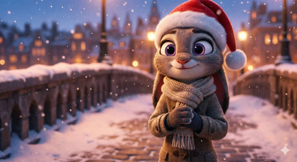 Judy Hopps de Zootopia en un puente de nieve al atardecer