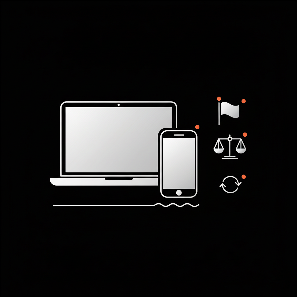 Minimal 2D vector infographic of a laptop and smartphone with flag, legal scale, and reply icons on black background using brand colors to illustrate delete Google review