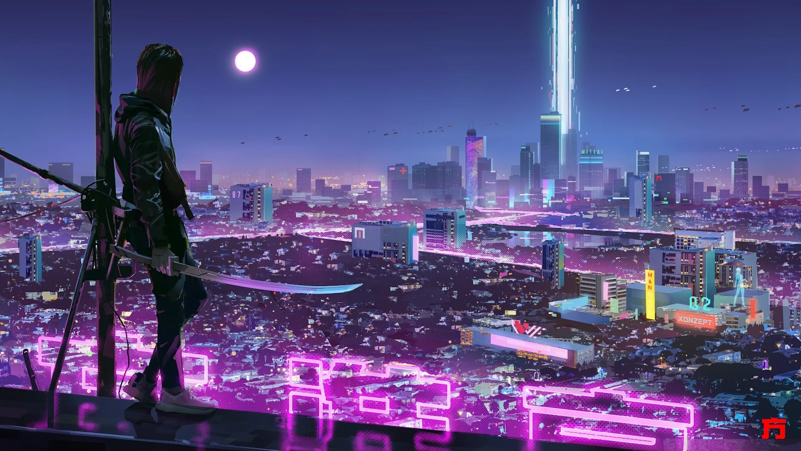 A Stunning Sword, Cyberpunk, Neon, City, Night 5K Desktop and Mobile Wallpaper Background (5120x2880)