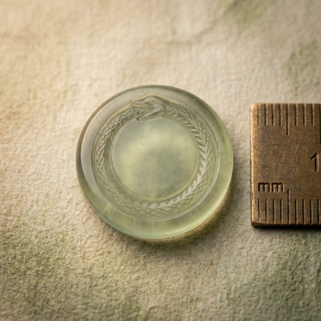 Macro photograph of an intaglio stone with circular snake motif resembling an ouroboros snake ring beside a coin for scale on a pale beige textured background