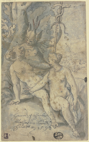 Hermes vor einem Baum sitzend mit zwei allegorischen Frauengestalten 1594