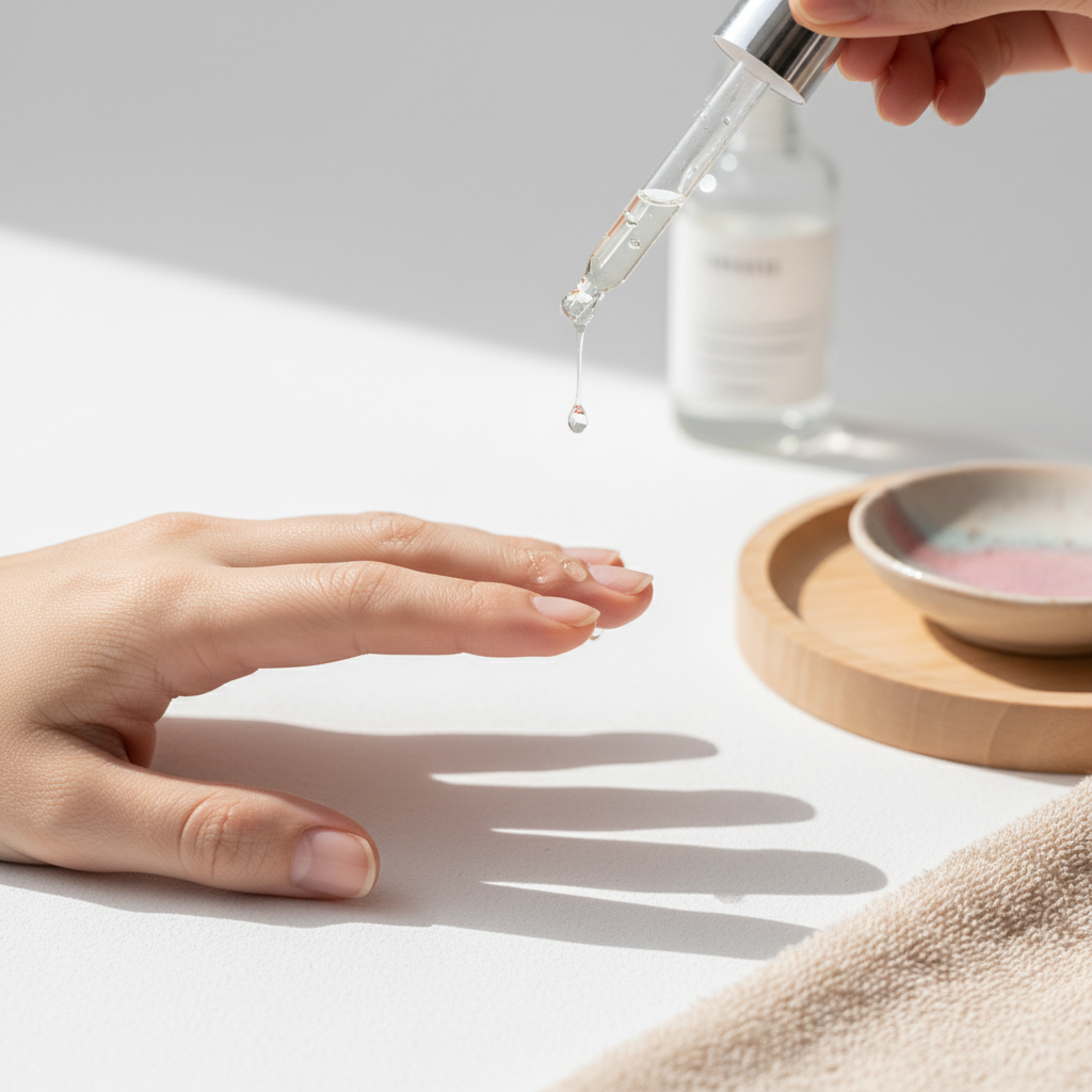 Hände beim Auftragen von Nagelhautöl auf kurze, gepflegte Nägel – Pflege für brüchige Nägel in einem minimalistischen, hellen Setting