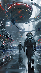 Astronauts Walking Through Futuristic Metropolis Space Station Corridor