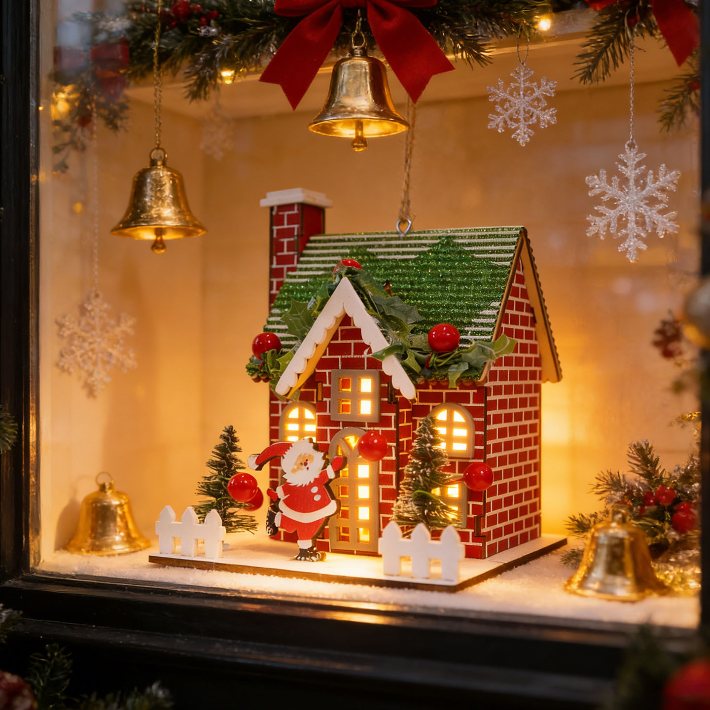 Decorative wooden Christmas house as hanging decoration or stand