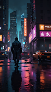 Neo Noir Detective Walking Rainy Cyberpunk City Street
