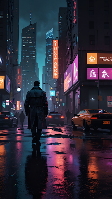 Neo Noir Detective Walking Rainy Cyberpunk City Street - Free mobile Wallpaper