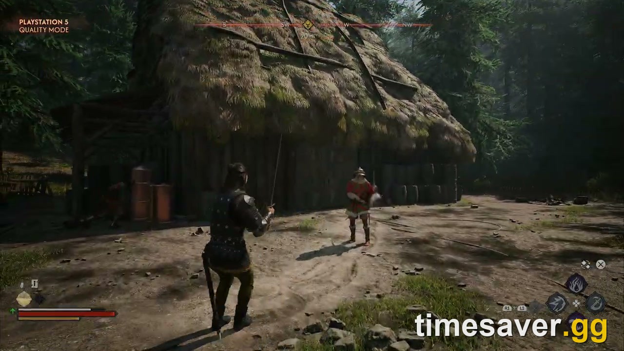 Coen squared up against an enemy in a daytime clearing, sword held forward in a directional guard stance