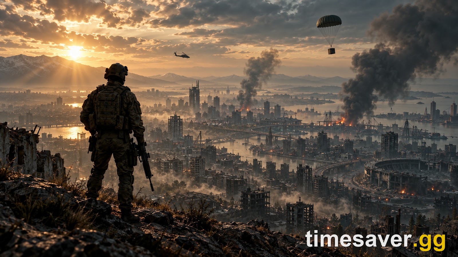 A lone operator overlooking a war-torn battle-royale map at golden hour — Warzone-style atmosphere