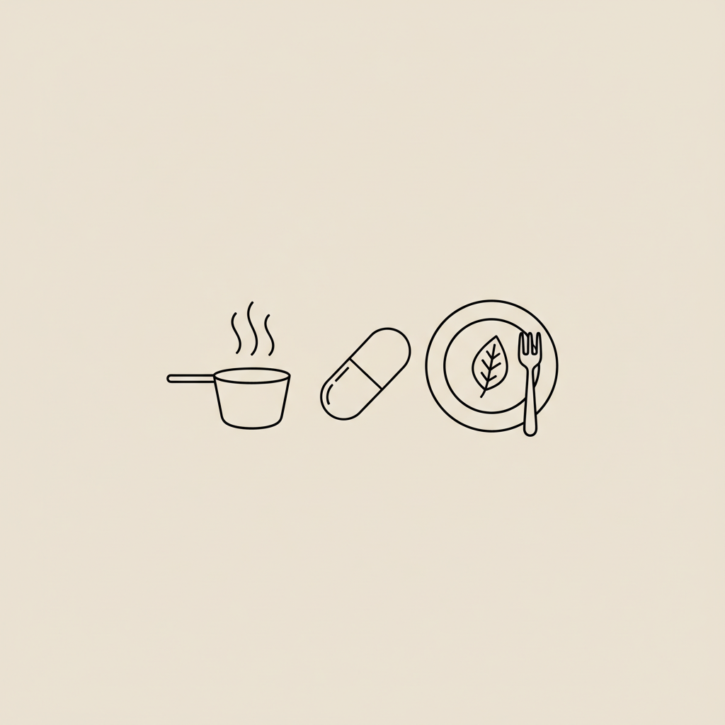 Minimalist Tonum-style line illustration of a protein scoop, capsule and plate with a leaf and fork on beige background; protein powder for weight loss for females