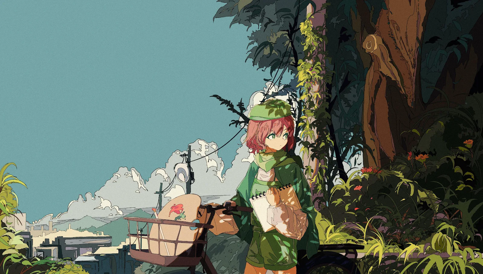 Artist Girl In Lush Nature - Anime Illustration 4K Wallpaper (4020x2285)