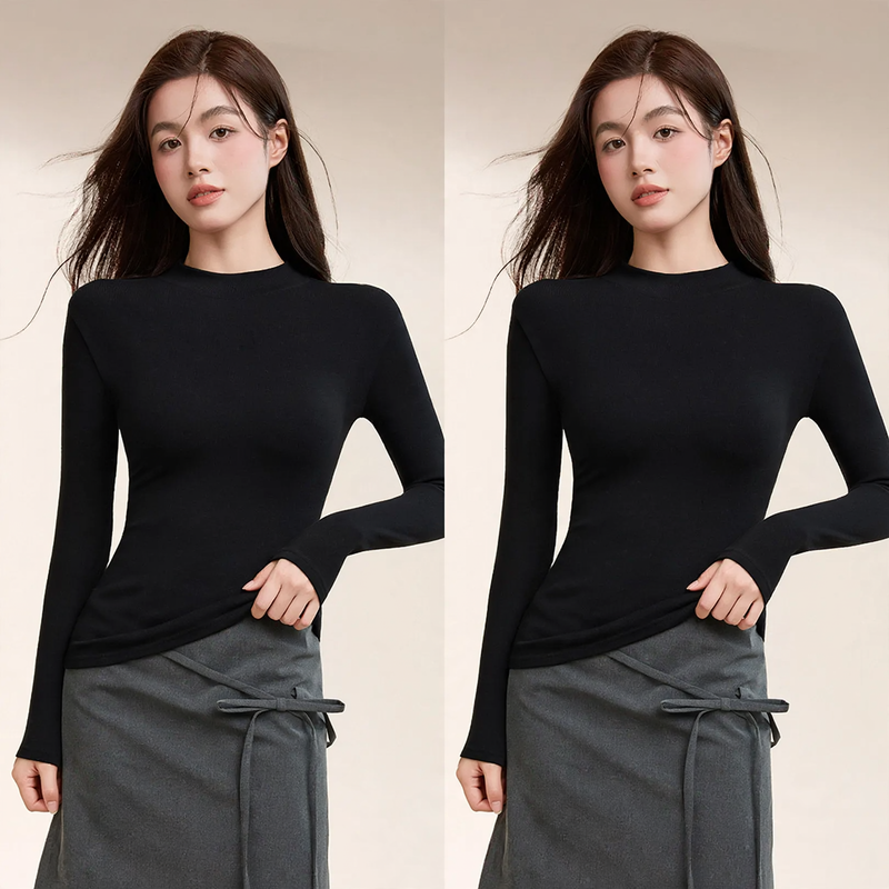Women's long sleeve cotton shirt, stand-up collar, fitted