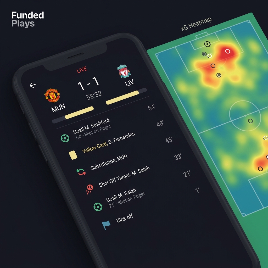 Minimalist close up of a live match event feed with xG heatmap overlay and simple power rating bars in Funded Plays brand colors for football prediction apps