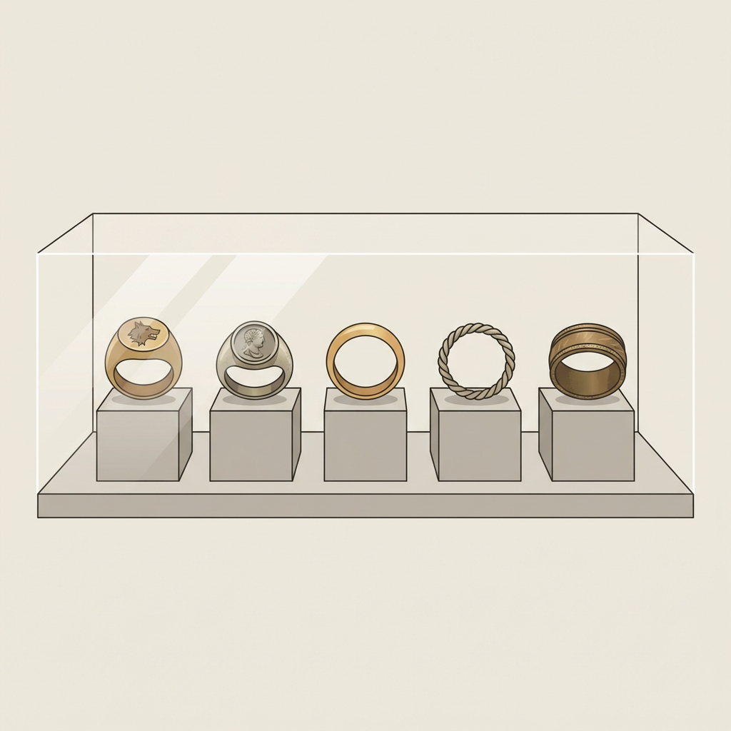 Minimalist 2D vector museum display of ancient Roman signet rings on archival mounts in Aurora Antiqua palette signet ring ancient