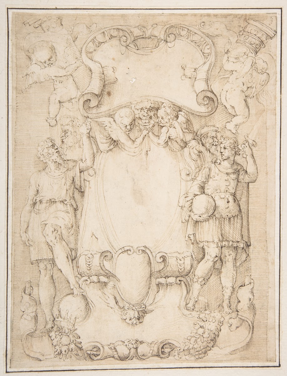 Drawing of Cartouche with Bearded Man Left Young man crowned with Laurels Right