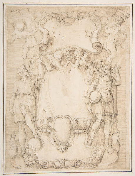 Drawing of Cartouche with Bearded Man Left Young man crowned with Laurels Right