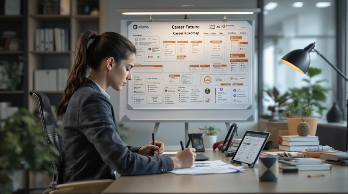 노르웨이어통역  젊은 노르웨이어통역사가 자격증, 통역 장비, AI 번역 도구와 함께 커리어 로드맵 보드를 앞에 두고 미래를 설계하는 모습, 주변에 각종 산업별 실무서와 국제 네트워킹 환경이 조성됨