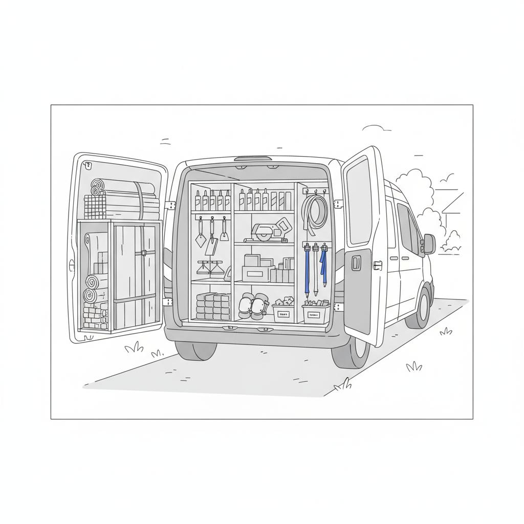 2D vector illustration of an organized work van open at the rear showing neatly shelved flooring tools and materials with a subtle blue-accented toolbox strap &mdash; flooring installer salary by state