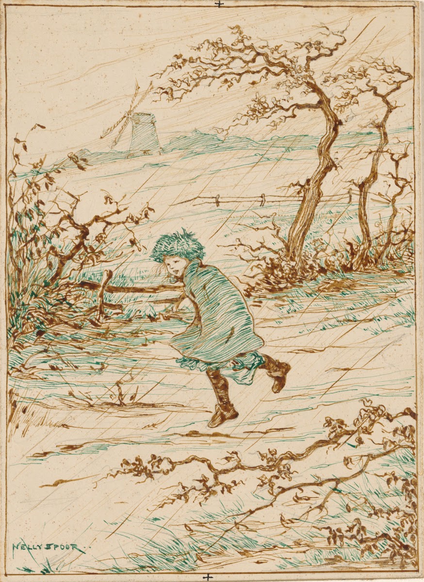 Meisje lopend in de regen en wind 1895   1950