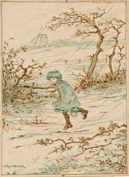 Meisje lopend in de regen en wind 1895   1950