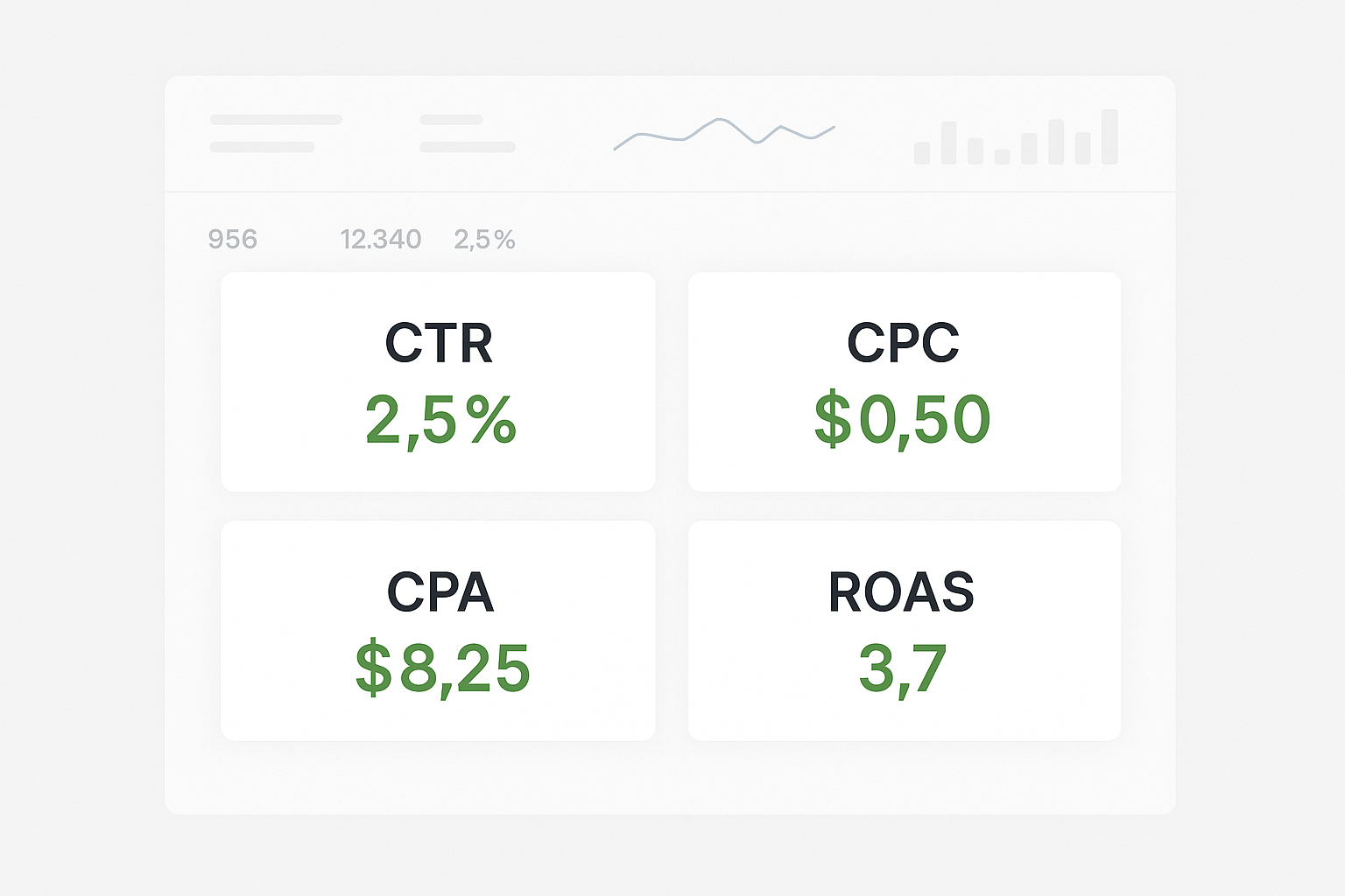 Analytics dashboard showing key Facebook ad performance metrics (CTR, CPC, CPA, ROAS)