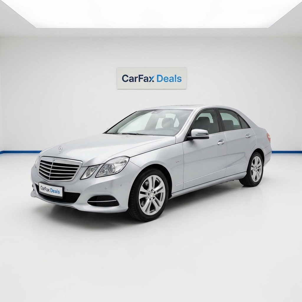 Mercedes for sale three quarter front view in a minimalist CarFax Deals showroom white background blue accent 3666ed realistic high resolution photo