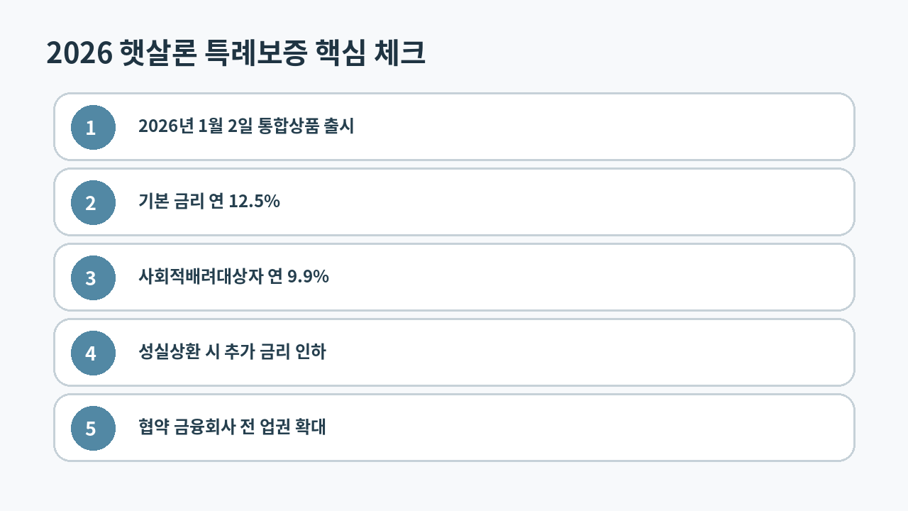 햇살론 특례보증의 12.5% 금리와 사회적배려대상자 9.9%, 성실상환 혜택을 정리한 안내 이미지