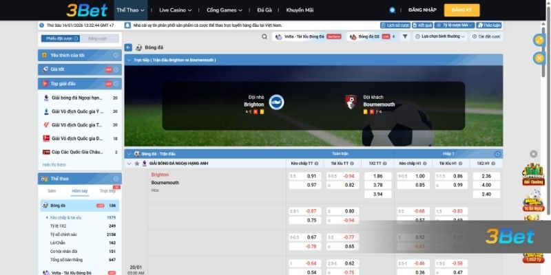 Tỷ lệ kèo Brighton vs Bournemouth 03h00 ngày 20/01/2026