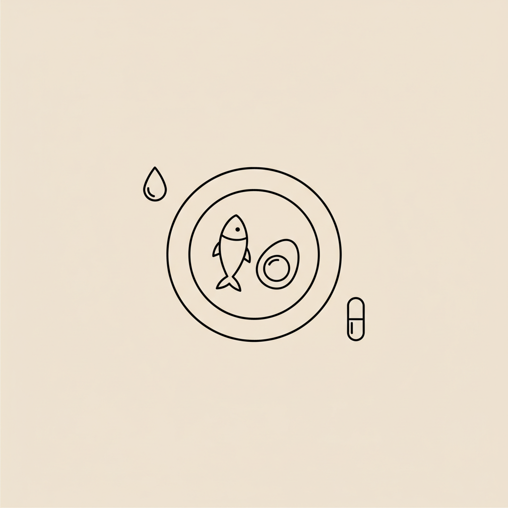Minimalist Tonum-style line illustration of a plate with a stylized fish and halved egg, plus a capsule and water droplet on beige background — lose 50 pounds in 3 months