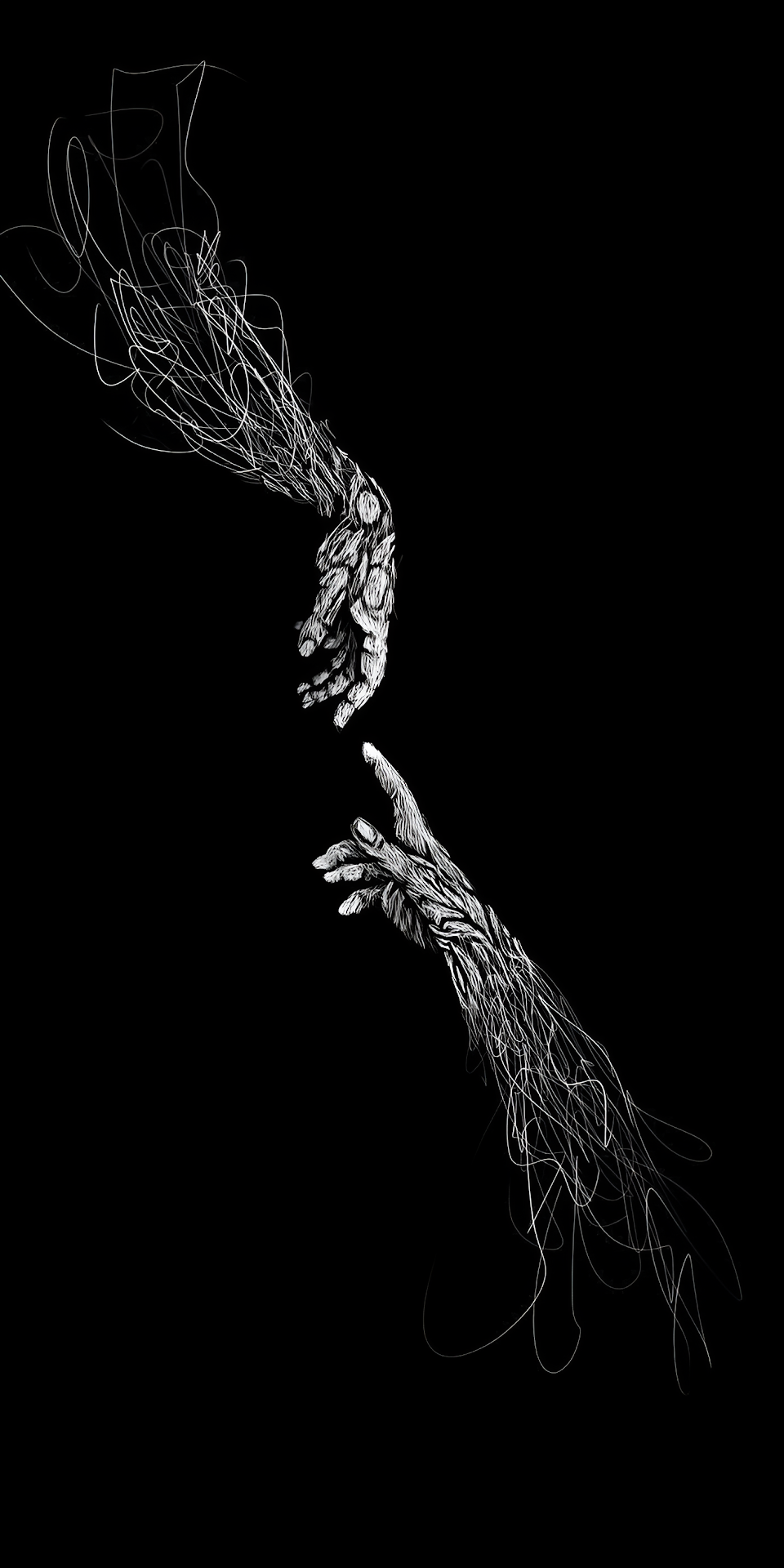 Two Sketch Hands Reaching Toward Each Other in Darkness - Free 4K mobile Wallpaper