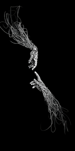 Two Sketch Hands Reaching Toward Each Other in Darkness