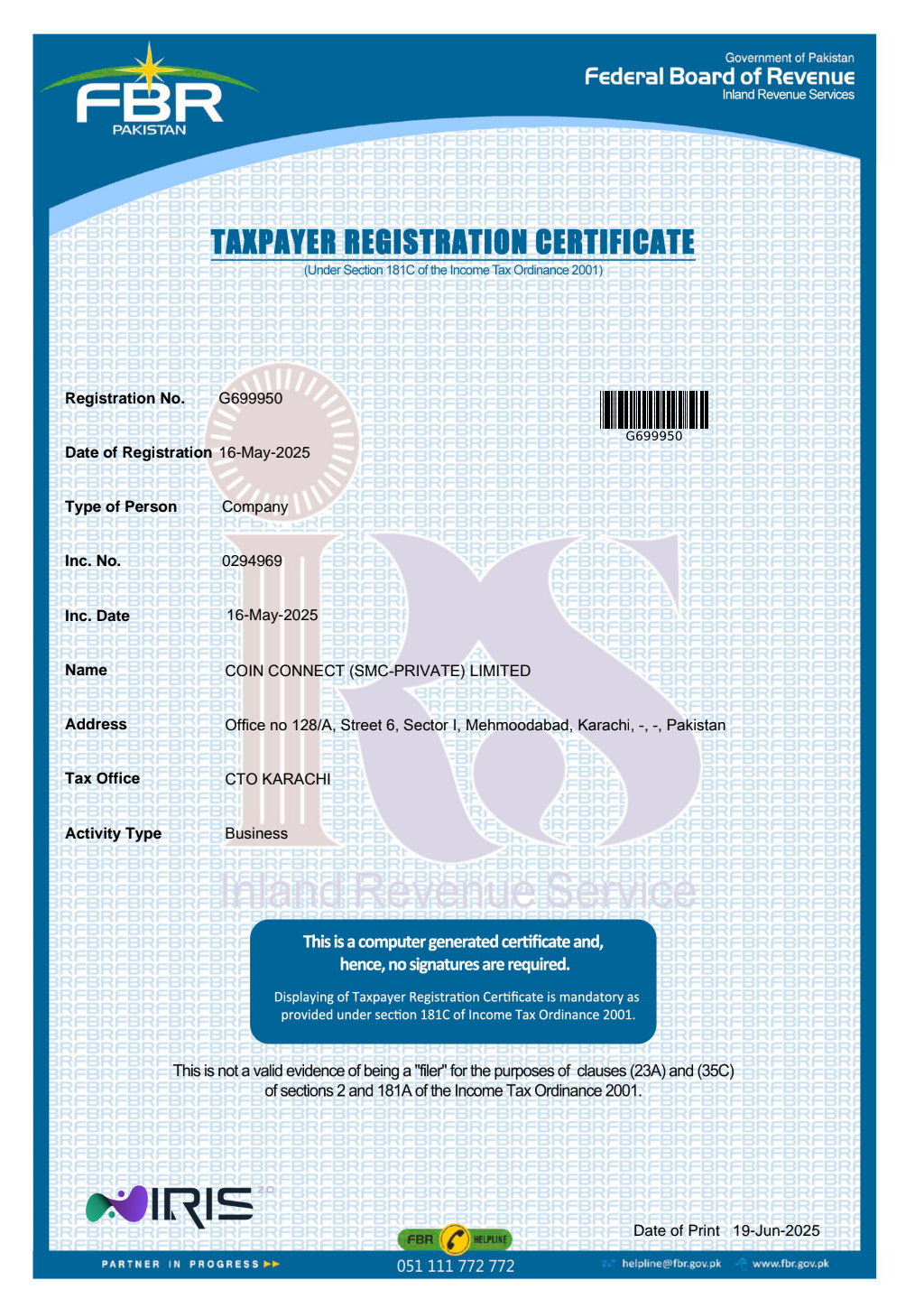 FBR Taxpayer Registration Certificate for Coin Connect (SMC-Private) Limited