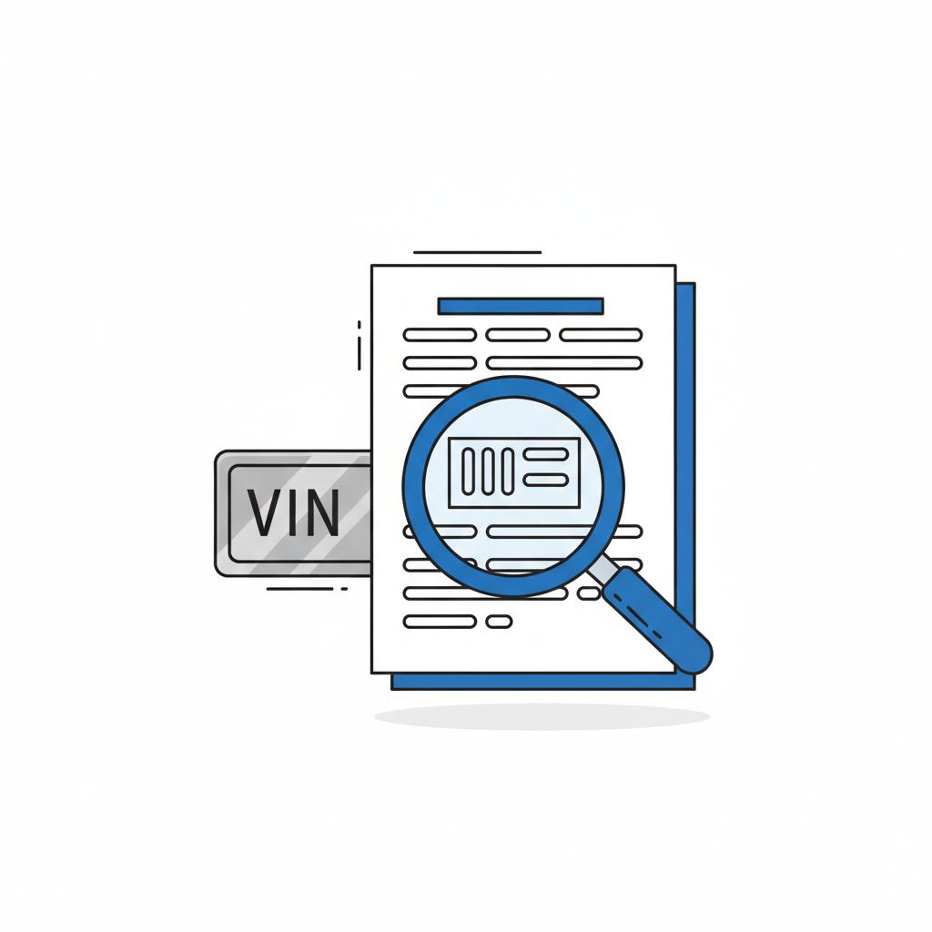 Minimalist 2D vector close up of a VIN plate and a stylized vehicle history report with non readable line blocks and a magnifying glass highlighting VIN details used 4runner for sale