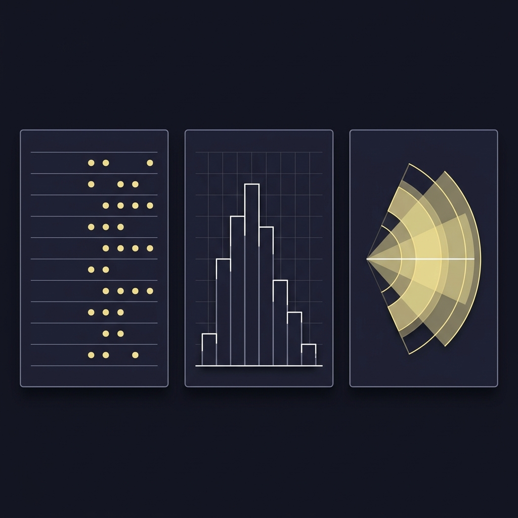 Minimalist 2D vector dashboard mockup with forecast log calibration histogram and fan chart on Funded Plays palette illustrating The Difference Between Probability and Certainty
