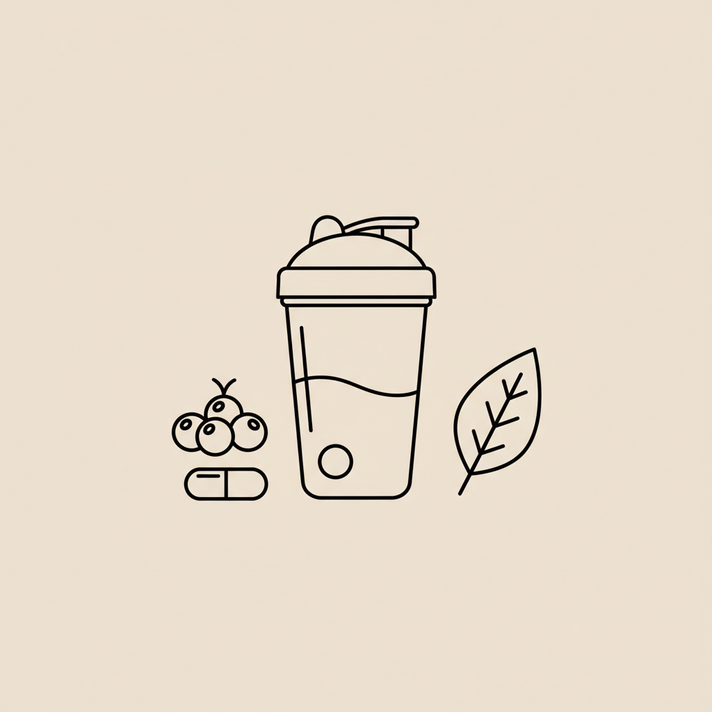 Minimalist line illustration of a shaker bottle, berries, capsule and leaf on a beige background representing protein shakes for weight loss