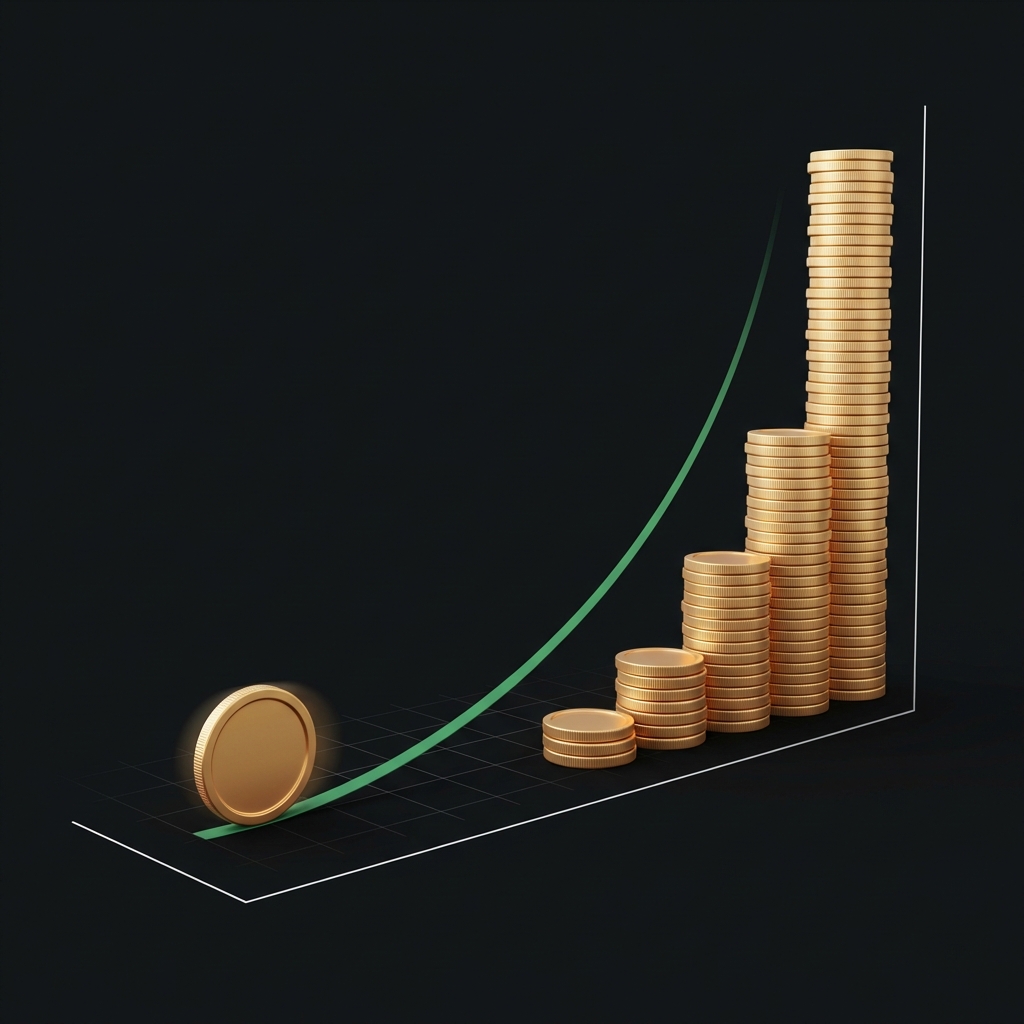 Minimal infographic of a single coin rolling into many coins forming a 30 year growth curve on a dark background showing Coca-Cola stock returns 30 years