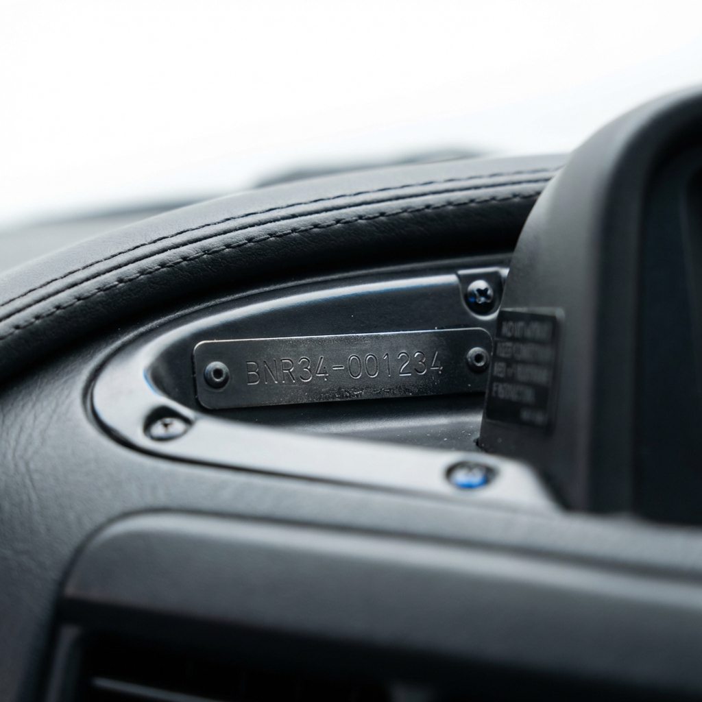 Close crop of Nissan Skyline R34 GT R dashboard and stamped VIN plate showing clear VIN and interior condition nissan skyline r34 for sale