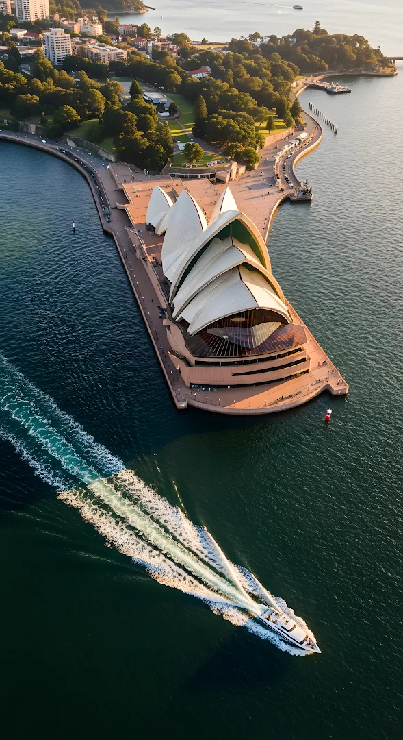 Golden Hour Aerial of Sydney Opera House and Harbor Boat