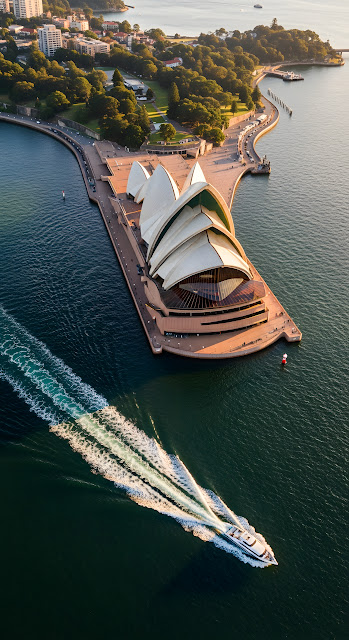 Golden Hour Aerial of Sydney Opera House and Harbor Boat - Free mobile Wallpaper