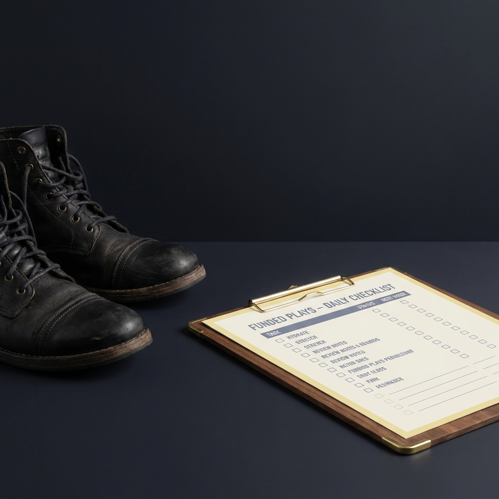 Trading Domestic Matches After European Competition close up of training boots and clipboard checklist with rest hour columns on dark Funded Plays style background