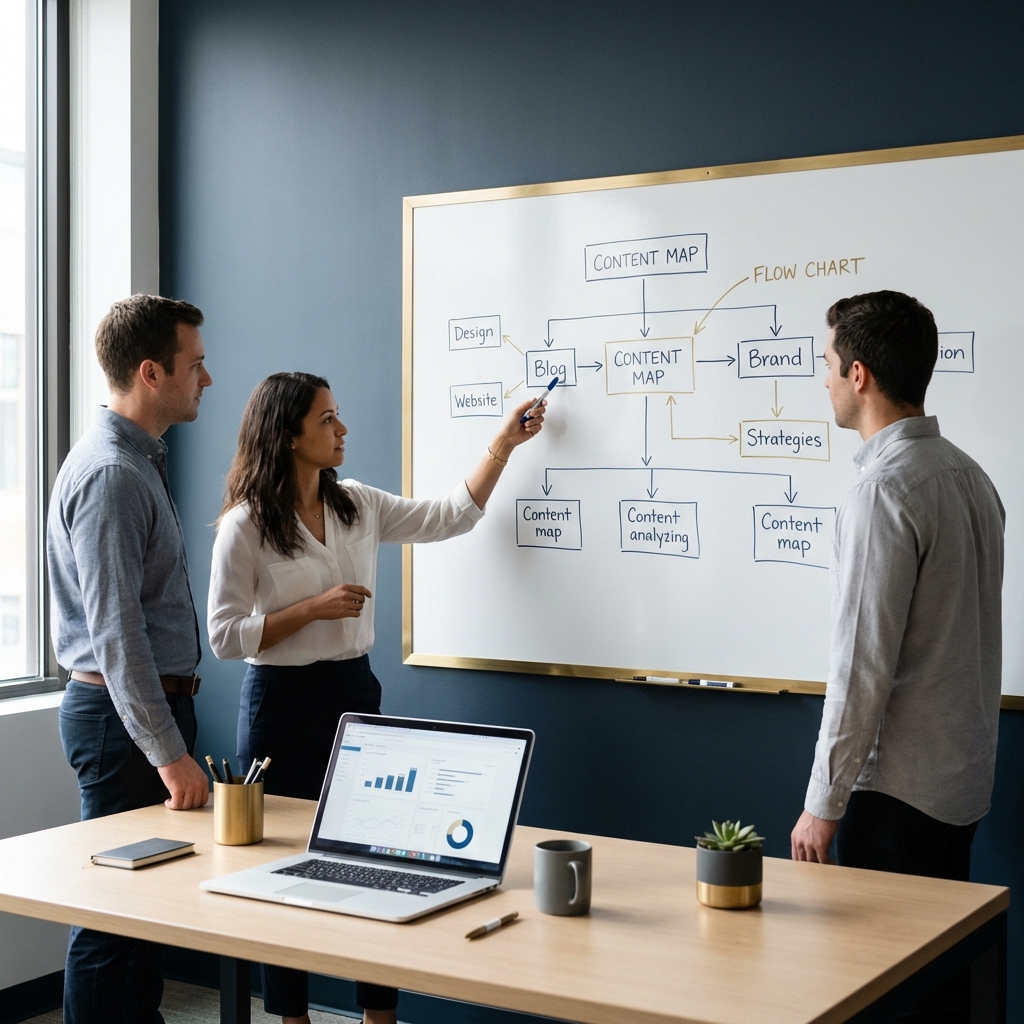 Small team reviewing a content map on a whiteboard with a laptop in a minimalist office using Orvus Ltd brand colors basic search engine optimization