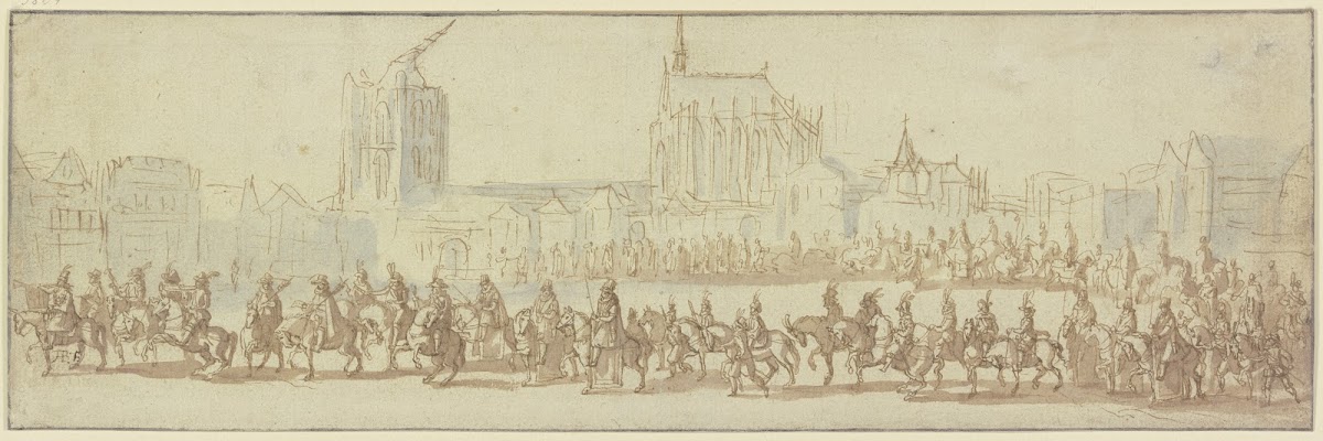 Reiterzug auf einem Platz im Hintergrund der Kölner Dom