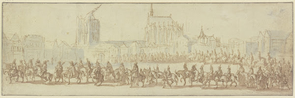 Reiterzug auf einem Platz im Hintergrund der Kölner Dom